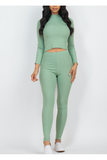 Ribbed Mock Neck Long Sleeve Set - Green