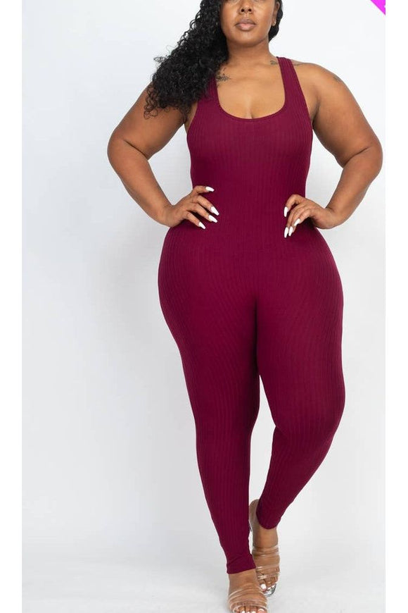 Plus Scoop Neck bodycon Jumpsuit - Burgundy