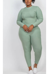 Ribbed Mock Neck Long Sleeve Set - Green