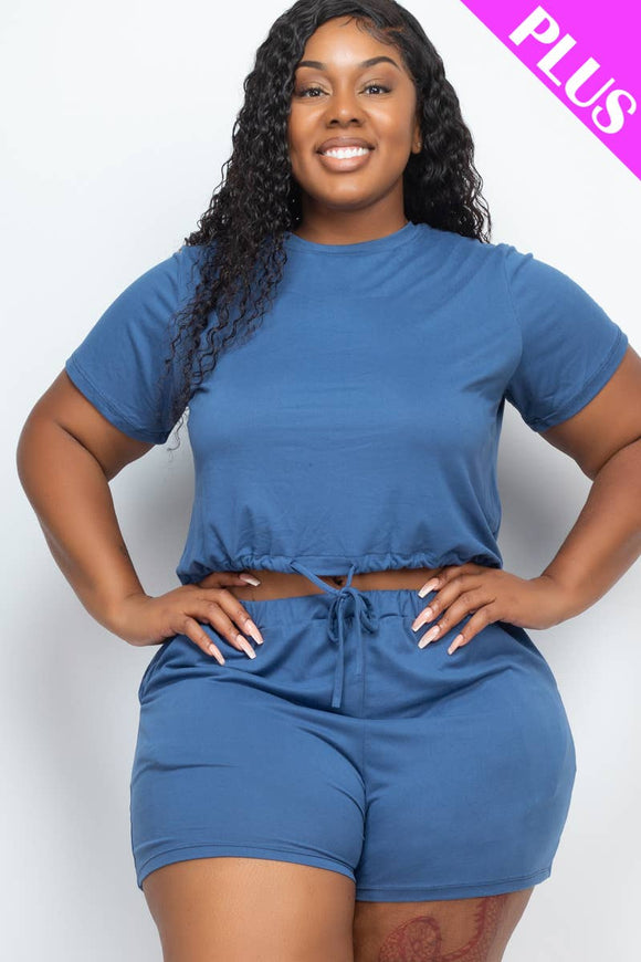 Plus Size Short Sleeve Front Tied Top & Shorts Set